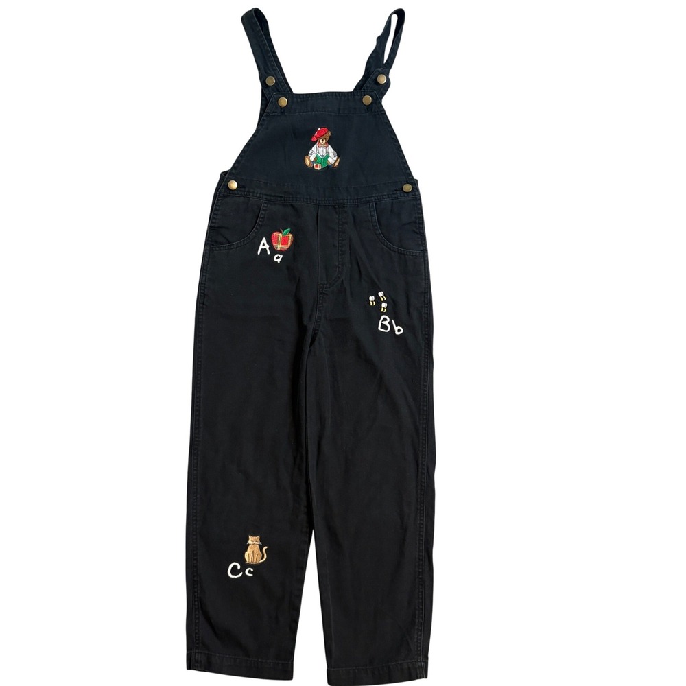 Vintage Mandalay Bay Kids Black Alphabet Bear Embroidered Overalls Sz 7/8 Bibs